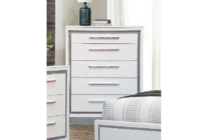 White and silver chest of five drawers in a room setting.