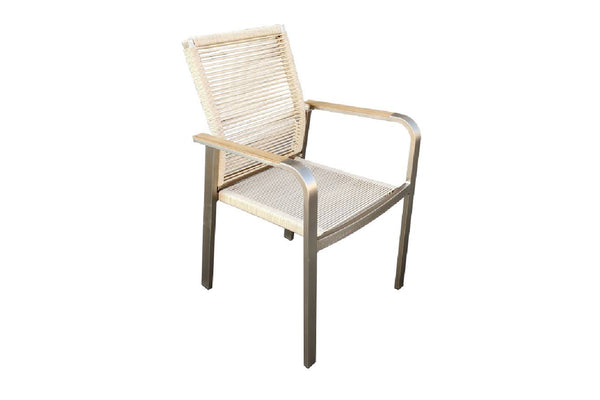 Beige chair with woven backrest and armrests on a white background