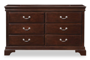 Dark brown dresser with six drawers on white background.