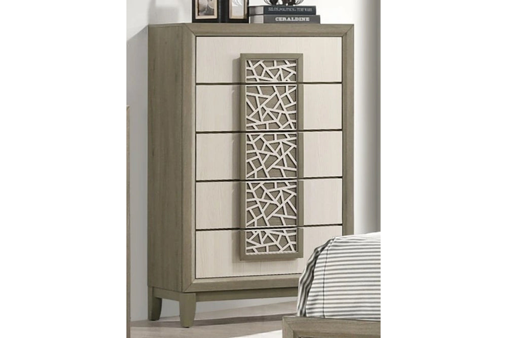Grey and beige chest with five drawers with decorative patterns for handles in a bedroom setting.