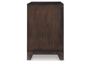 Sideview of a dark brown nightstand on a white background.
