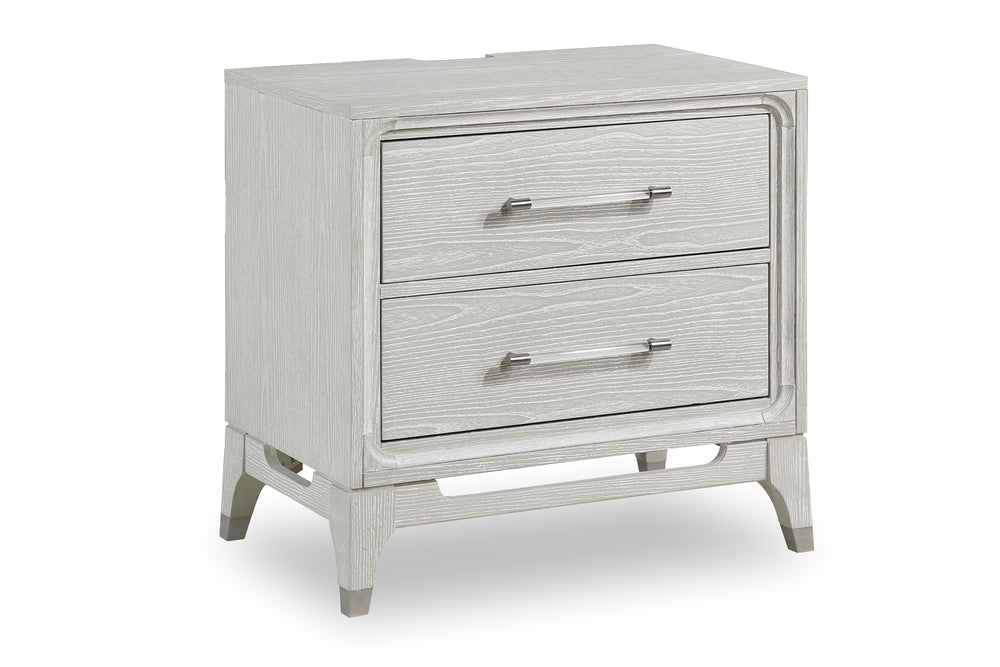White, textured wood nightstand of two drawers with transparent handles and with a USB port on the back on a white background.