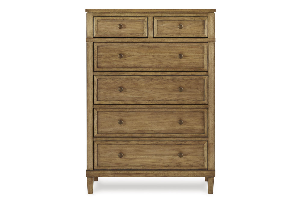 A rustic, wooden chest consisting of 6 drawers on a white background.