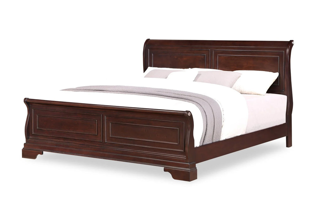 Dark brown, wooden bed with white bedding on a white background.