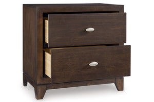 Dark brown, wood nightstand with two, open drawers on a white background.