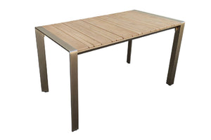 Wooden outdoor table with metal legs on a white background