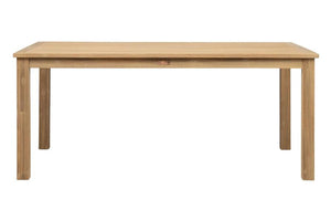 Front view of rectangular and wooden dining table on a white background