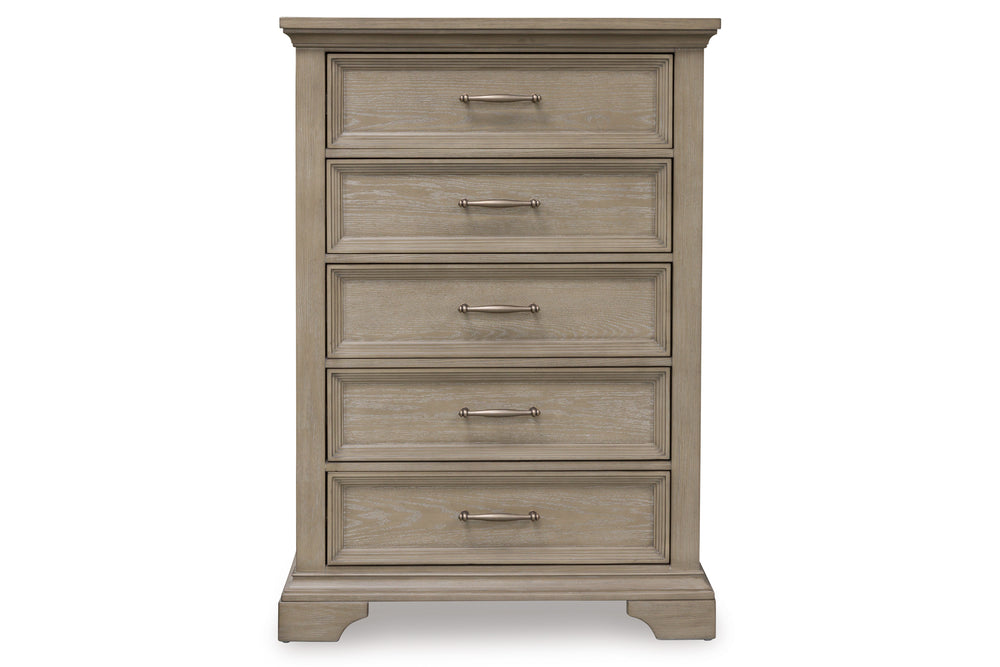 Rustic wooden dresser consisting of five drawers with light bronze handles on a white background.