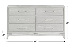 Silver dresser with mirror with diagrams labeled with dimensions on a white background.