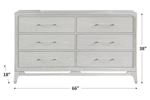 Silver dresser with mirror with diagrams labeled with dimensions on a white background.