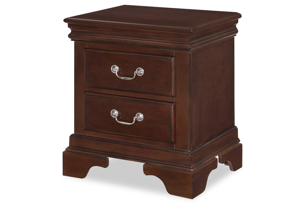 Front view of dark brown, wooden nightstand of two drawers with silver handles on a white background.