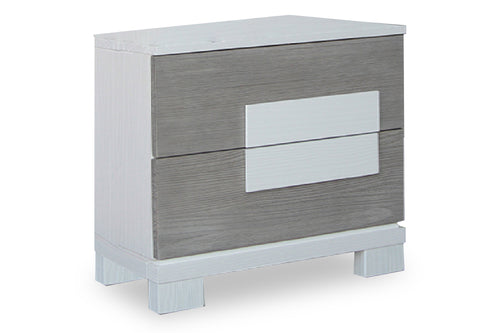 Grey and white nightstand of two drawers on a white background.