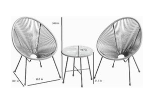 Two wireframe chairs and a small table with dimensions on a white background