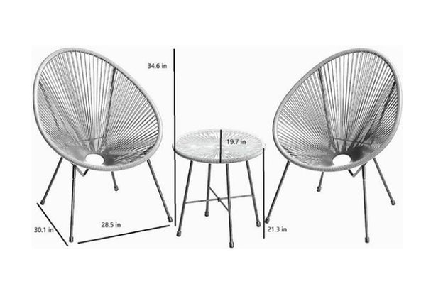 Two wireframe chairs and a small table with dimensions on a white background