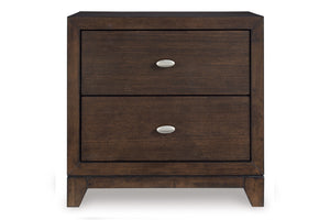 Dark brown, wood nightstand with two drawers on a white background.