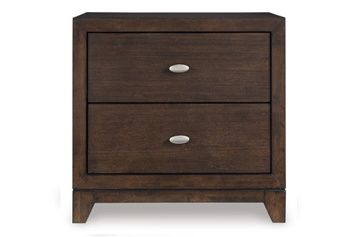 Dark brown, wood nightstand with two drawers on a white background.