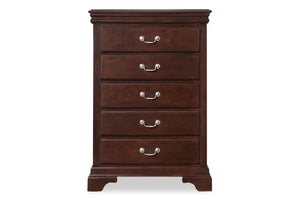 Dark, brown wooden chest with five drawers with silver handles on a white background.