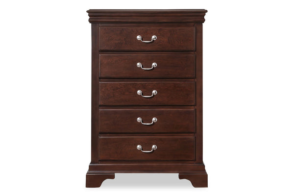 Dark, brown wooden chest with five drawers with silver handles on a white background.