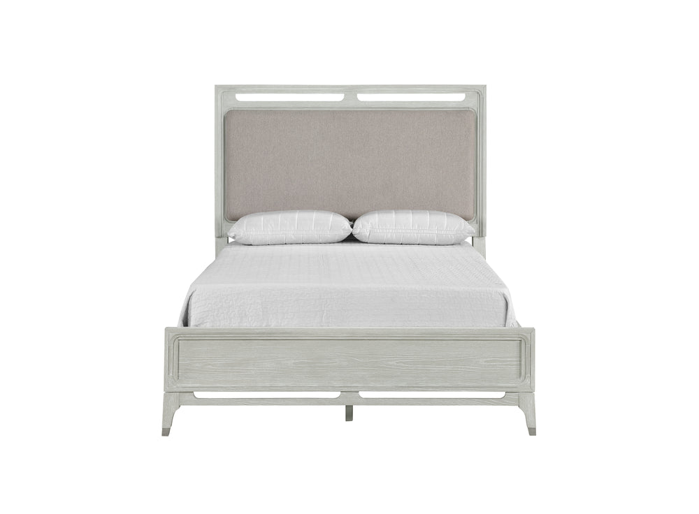 Bed with light grey frame and LED lights integration on a white background.