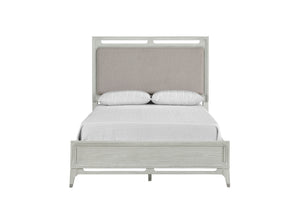 Bed with light grey frame and LED lights integration on a white background.