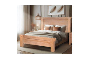 Light, warm brown wooden bed in a bright room setting.