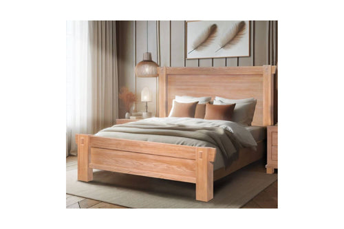 Light, warm brown wooden bed in a bright room setting.