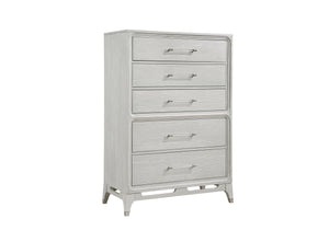 Silver, textured chest of five drawers, three smaller ones on top and two bigger ones on the bottom on a white background.