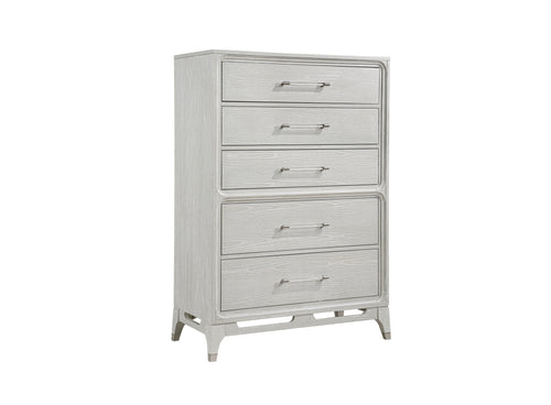 Silver, textured chest of five drawers, three smaller ones on top and two bigger ones on the bottom on a white background.