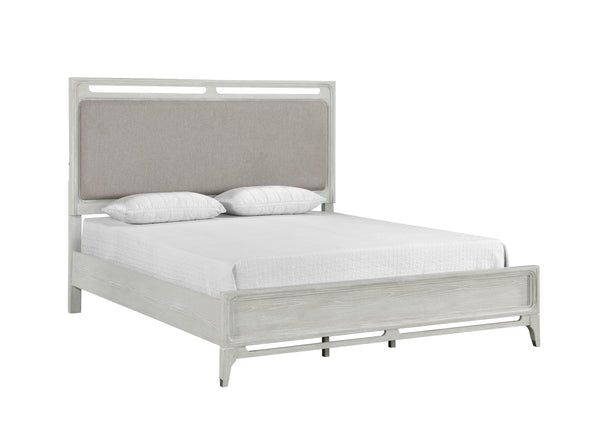 Light grey bed with LED light integration on a white background.