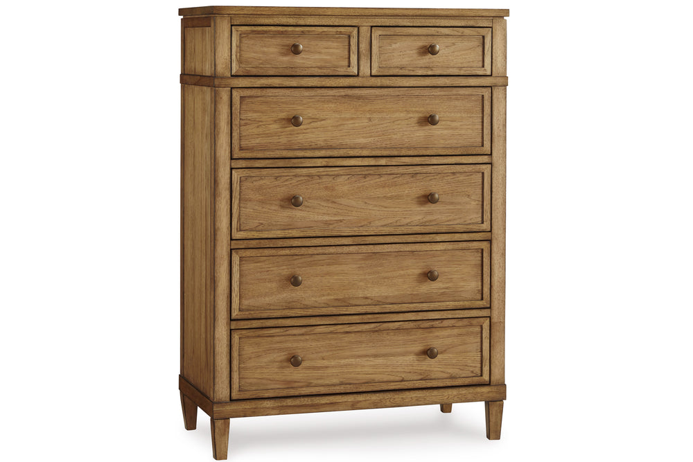A rustic, wooden chest consisting of 6 drawers on a white background.