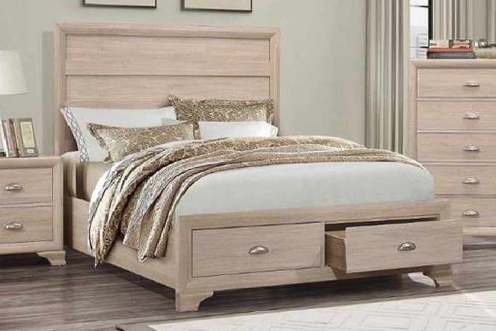 Cream, wood queen bed with storage consisting of two drawers in a bedroom setting.