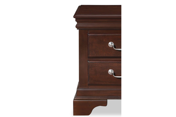 Closeup of the left side of the dark brown, wooden nightstand of two drawers with silver handles on a white background.