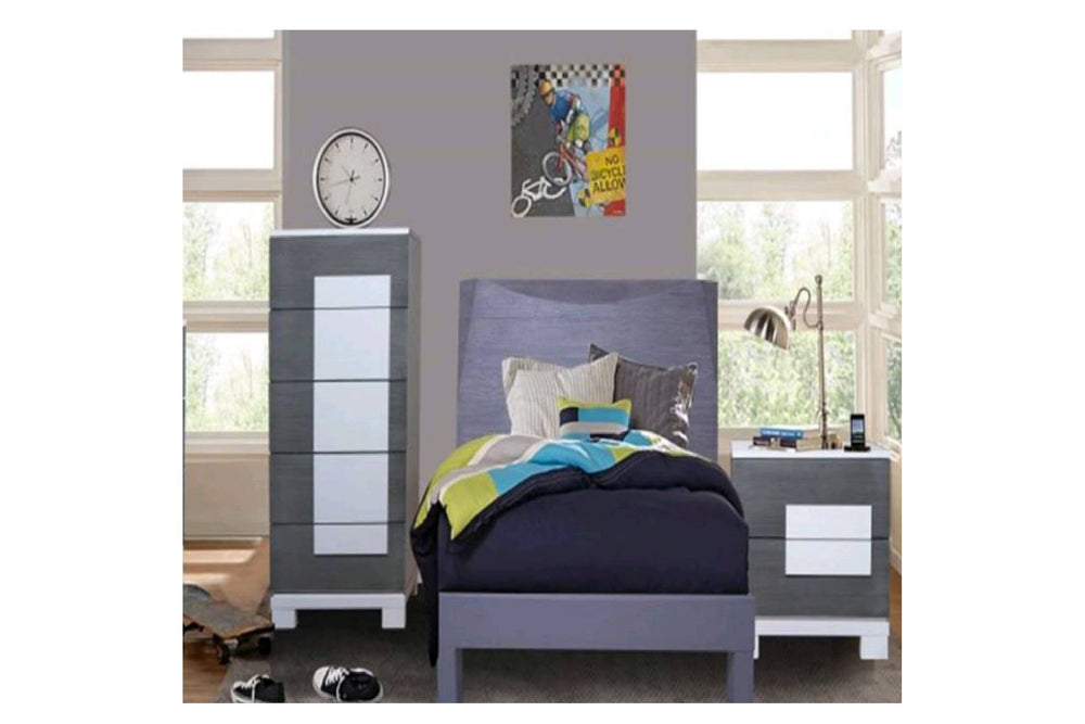 Grey wooden bed with bedding in a bedroom setting.