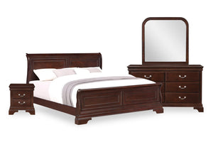 Dark brown and wooden bedroom set with a bed, dresser with mirror and a nightstand on a white background.