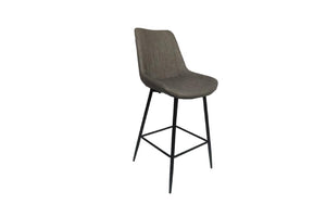 Bar stool with a gray seat and black legs on a white background.