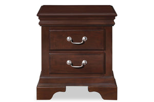 Front view of dark brown, wooden nightstand of two drawers with silver handles on a white background.