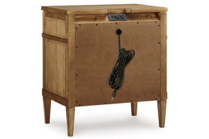 Backside view of wooden nightstand on a white background.