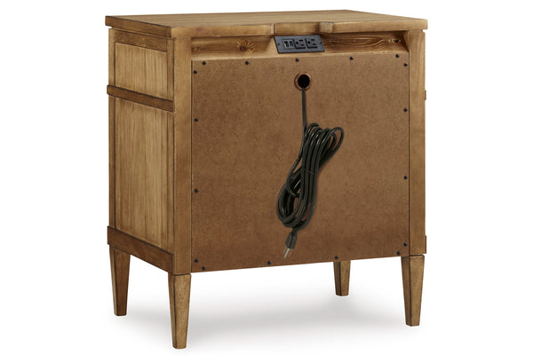 Backside view of wooden nightstand on a white background.