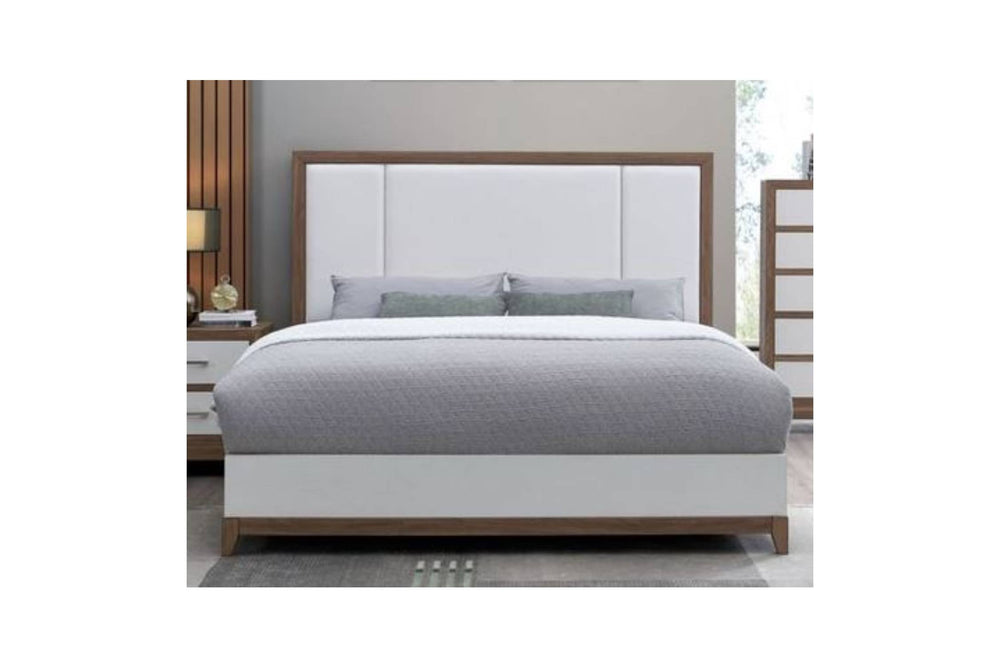 White and brown queen bed in a modern bedroom setting.