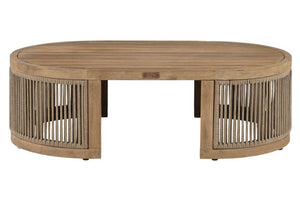 Round wooden coffee table with wicker side panels on a white background