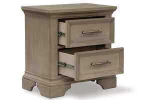 Sideview of rustic, wooden nightstand with two light bronze, open drawers on a white background.
