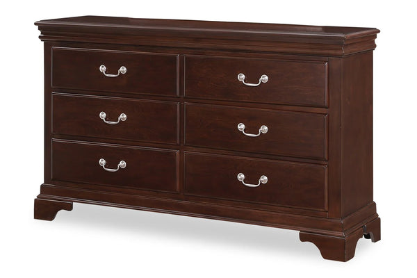 Sideview of dark brown dresser with six drawers on white background.