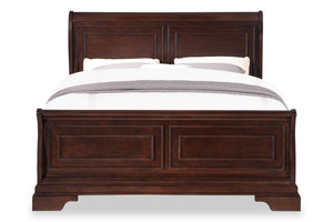 Front view of dark brown, wooden bed with white bedding on a white background.