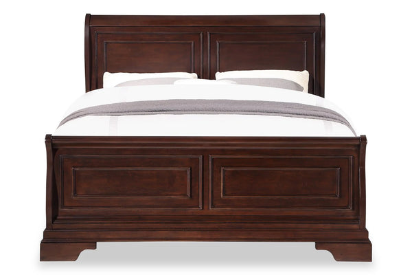 Front view of dark brown, wooden bed with white bedding on a white background.