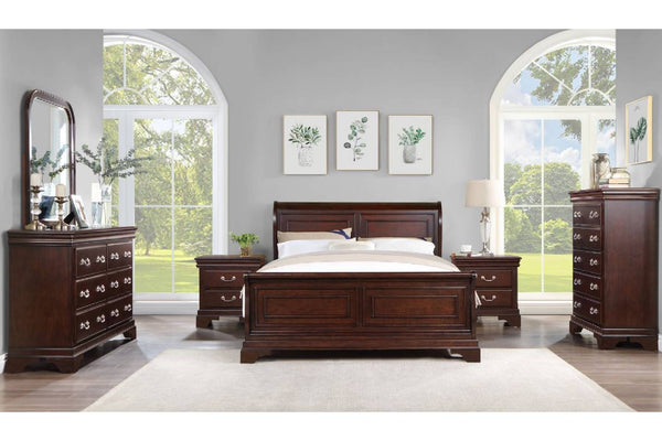 Front view of dark brown and wooden bedroom set with a bed, dresser with mirror, two nightstands and a chest in a bright, bedroom setting.