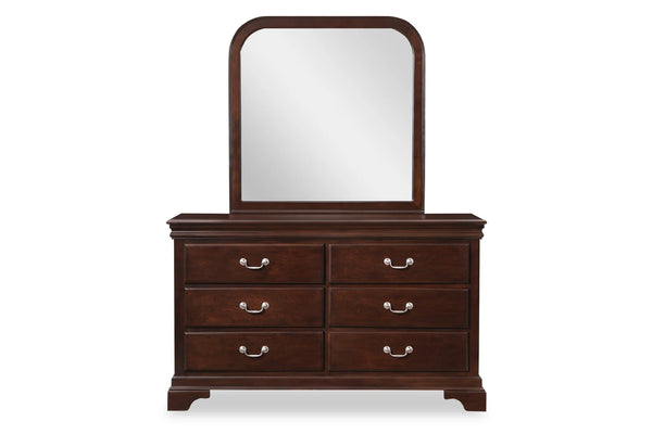 Front view of a dresser with mirror on a white background.