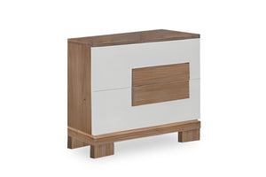 Wood, brown framed nightstand with white, two drawers on a white background.