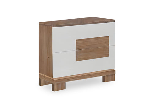 Wood, brown framed nightstand with white, two drawers on a white background.