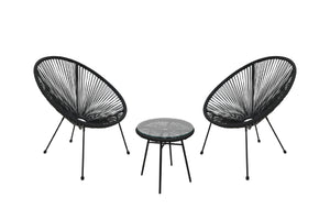 Two black chairs with a matching black coffee table on a white background