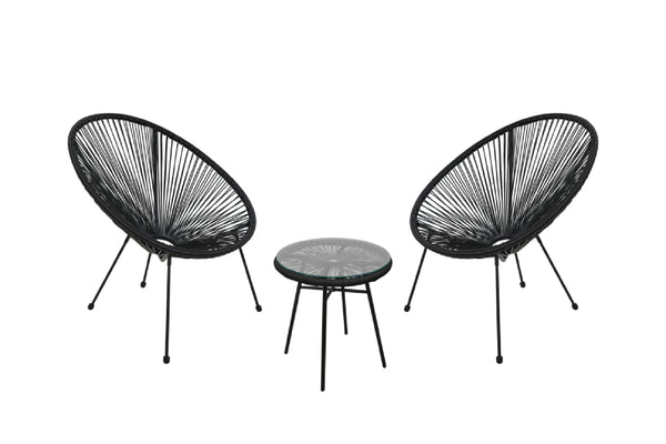 Two black chairs with a matching black coffee table on a white background